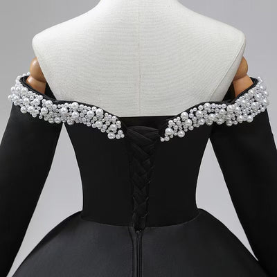 Black Satin Long Sleeve Pearls Off the Shoulder Prom Dress