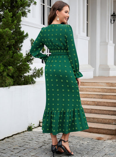 V-neck Long Sleeve Jacquard Silm Waist Dress