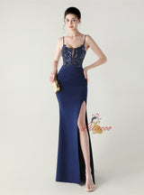 Mermaid Spaghetti Straps Appliques Split Prom Dress