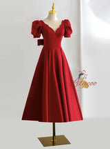 Burgundy Puff Sleeve Pleats Prom Dress