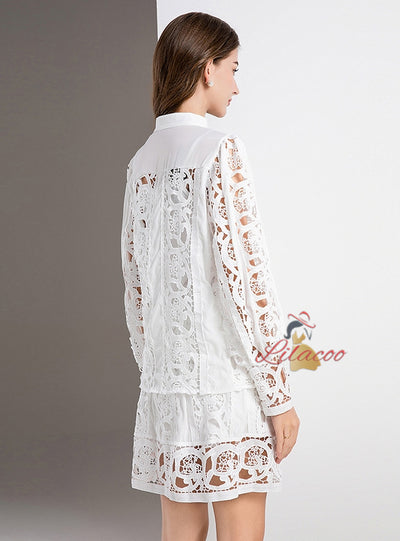 Retro Lace Long Sleeve Slim Short Skirt Two-piece Set