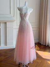 Pink Tulle Lace Straps Prom Dress