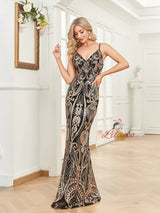 Sexy Backless Suspender V-neck Sequins Evening Dress