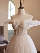 Champagne Tulle Lace Spaghetti Straps Beading Wedding Dress