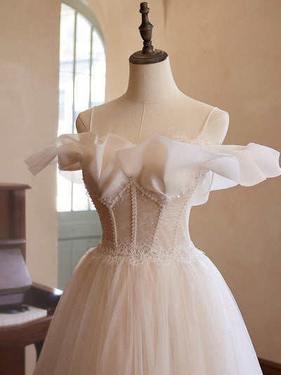 Champagne Tulle Lace Spaghetti Straps Beading Wedding Dress