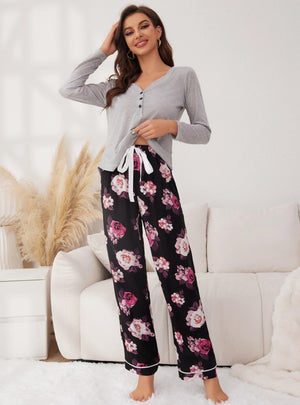 Flower Printed Long-sleeved Trousers Pajamas Set