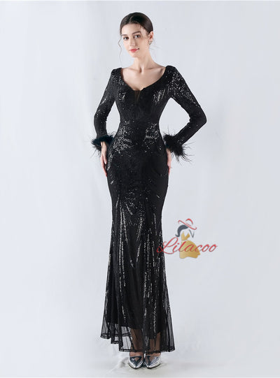 Long Sleeve Mermaid Sequins Prom Dress