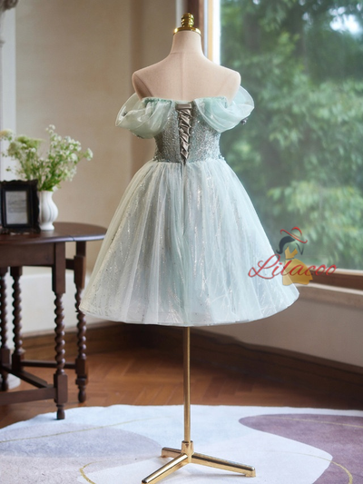 Light Green Tulle Sequins Flower Homecoming Dress