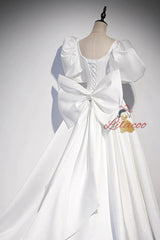 White Satin Puff Sleeve Bow Wedding Dress