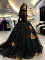Black Long Sleeve Appliques Quinceanera Dress