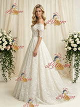 Vintage Lace Short Sleeve Beading Wedding Dress