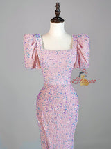 Pink Mermaid Sequins Puff Sleeve Split Prom Dress