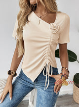 Irregular Drawstring V-neck Short-sleeved Shirt