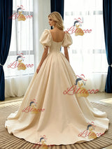 Champagne Satin Puff Sleeve Pleats Wedding Dress