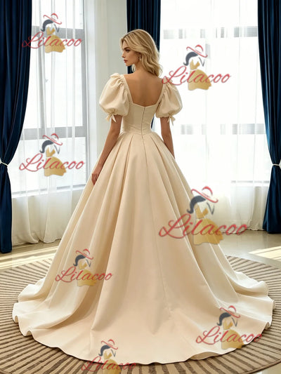 Champagne Satin Puff Sleeve Pleats Wedding Dress
