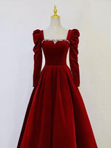 Burgundy Velvet Long Sleeve Crystal Prom Dress