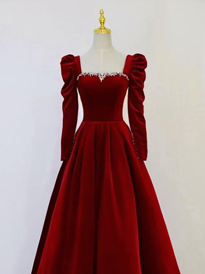 Burgundy Velvet Long Sleeve Crystal Prom Dress