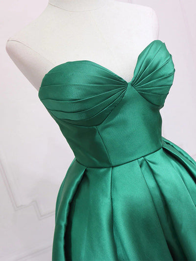 Green Satin Pleats Hi Lo Prom Dress