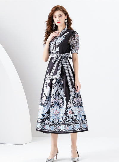 V-neck Lantern Sleeve Long Printed Dress