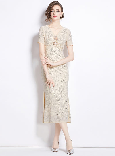 V-neck Rhinestone Slim Fishtail Dress