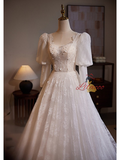 White Lace Long Sleeve Flower Wedding Dress