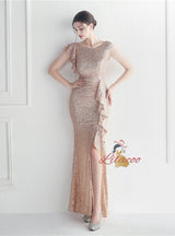 Sequins Cap Sleeve Beadin Split Prom Dress