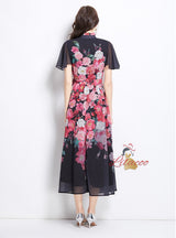 Pearl-breasted Slim Printed Chiffon Dress