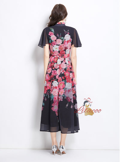 Pearl-breasted Slim Printed Chiffon Dress