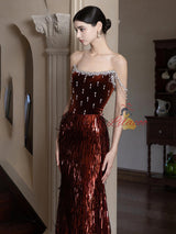 Burgundy Mermaid Sequins Straps Prom Dress
