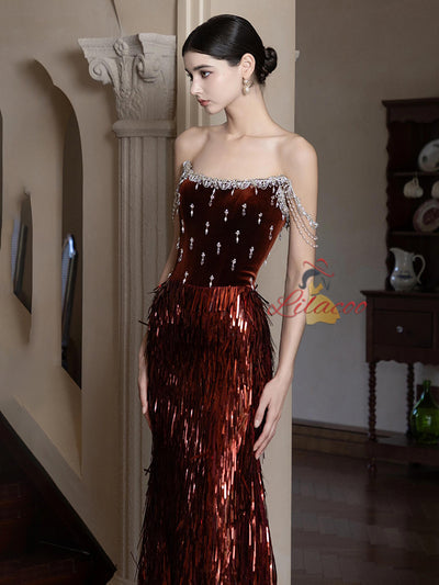 Burgundy Mermaid Sequins Straps Prom Dress