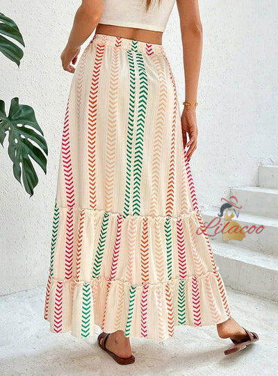 Contrast Printed Elastic Bohemian Stitching Skirt