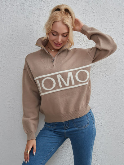 Women Letter Lapel Zipper Sweater