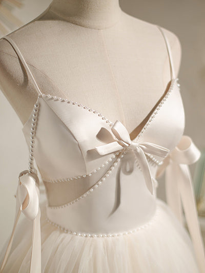 Ivory Tulle Satin Pearls Homecoming Dress