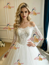 White Tulle Lace Long Sleeve Wedding Dress