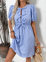 Retro Striped Round Neck Bow Tie Dress