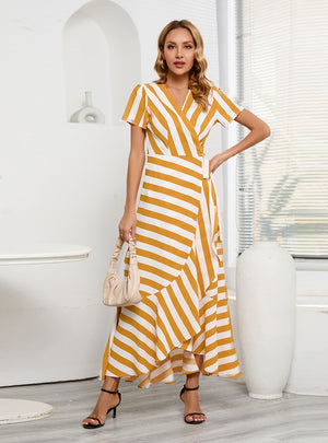 Slim-fit Striped Irregular Swing Dress