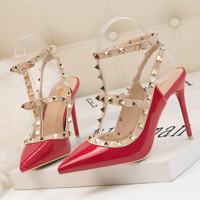 Pointed Patent Leather Rivets Roman Sandals Heels