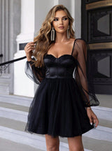 Black Tulle Long Sleeve Short Party Dress