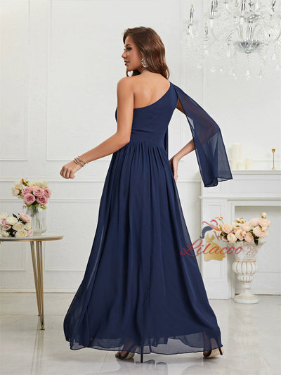 Navy Blue Chiffon One Shoulder Prom Dress