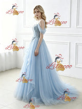 Blue Tulle Lace Straps Prom Dress
