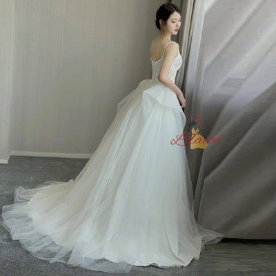 White Tulle Satin Straps Wedding Dress