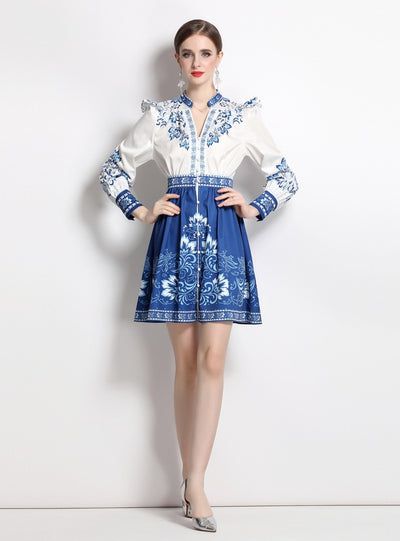 Printed Retro V-neck Lantern Sleeve Dress