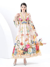 Retro Deep V-neck Flared Sleeve Printed Dress