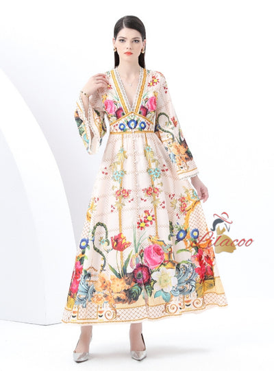 Retro Deep V-neck Flared Sleeve Printed Dress