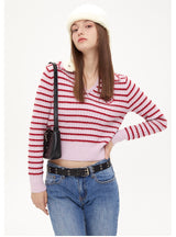 Pink Striped V-neck Lapel Top