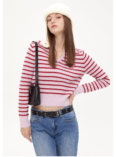 Pink Striped V-neck Lapel Top