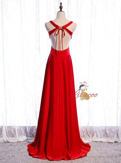 Red V-neck Backless Beading Prom Dress