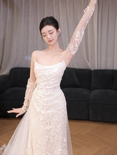 White Mermaid Tulle Lace Strapless Wedding Dress