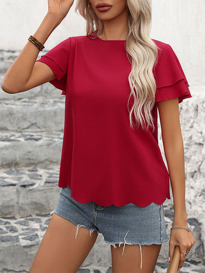 Double Lotus Leaf Sleeve Solid Color Top