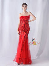 Mermaid Seuqins Tulle Feather Prom Dress